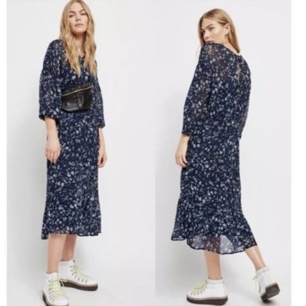 Free People Wallflower Midi Dress Sz S Blue Floral Chiffon Unlined Cottage core